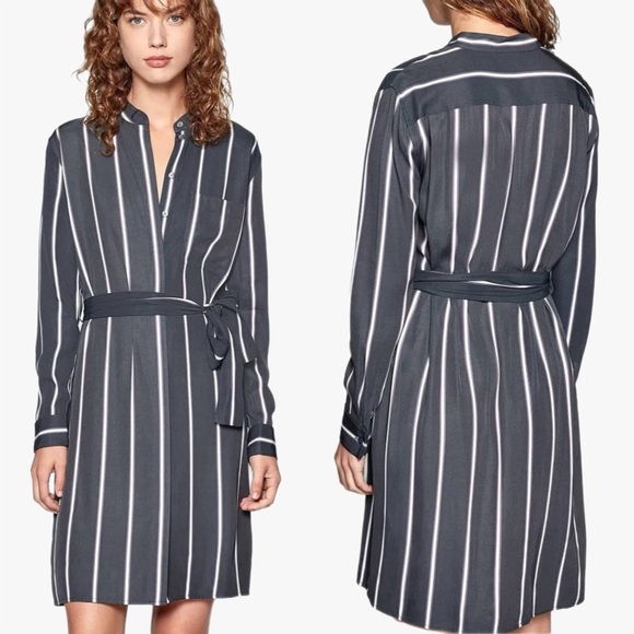 Equipment Ravena Silk Blend Stripe Belted Collarless Shirt Dress Womens Sz Large - Picture 1 of 8